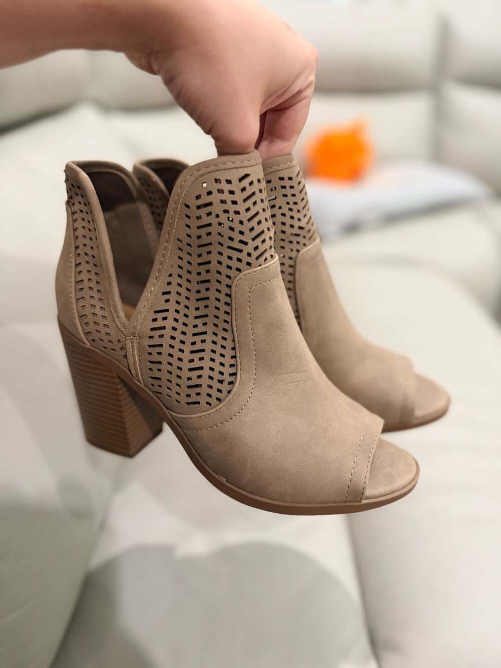 Nude Peep Toe Booties Wooden Chunky Heel Hollow Out Ankle Boots